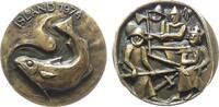 Medaille 1974 Bronze Island - auf die erste Besiedlung, Dorsch (Kabeljau) / König Ingólfur Arnarson mit 3 Soldaten, v. Sven Havsteen-Mikkelsen st...