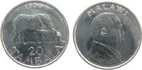 Malawi 20 Tambala 1996 Ni-St Elefanten, alle mit dem gleichen Stempelausbruch rechts beim kleinen Elefaten, kein Fleck unz