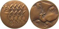 Schweiz Medaille Bronze Genf - auf die Konferenz der Siegermächte zur Wiedervereinigung Deutschlands in Genf, vier Hände mit Zweigen / Taube mit -
