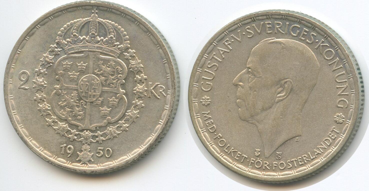 Schweden 2 Kronor 1950 TS H0311 - Gustaf V. 1907-1950 Sweden Sehr Schön ...