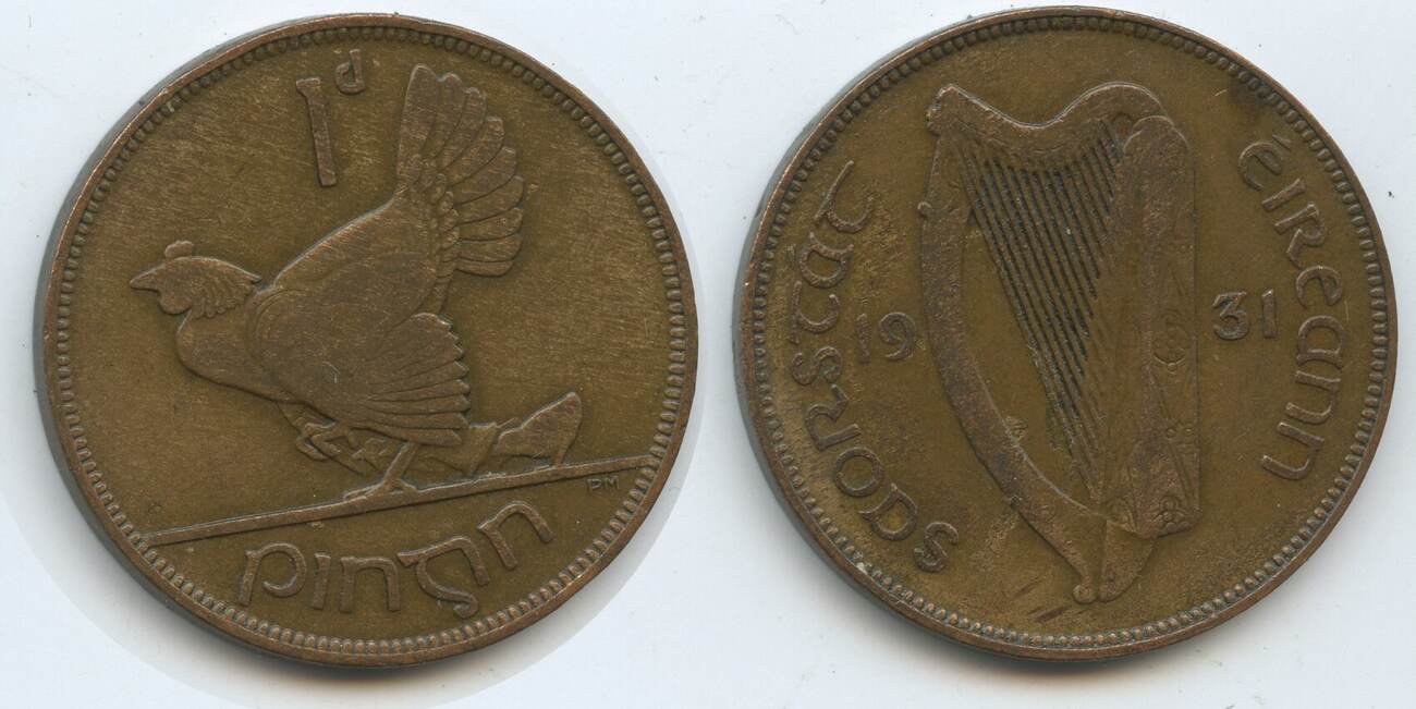 Irland 1 Penny (1 Pingin) 1931 G0683 - Harfe, Henne - Hen With Chicks ...