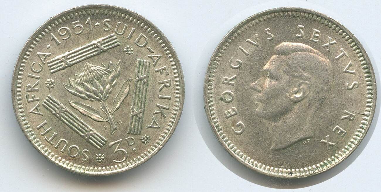 S dafrika 3 Pence 1951 G3129 King George VI 1936 1952 South Africa 