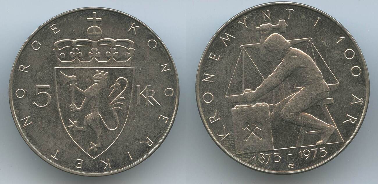 Norwegen 5 Kroner 1975 G2469 Krone Currency Anniversary Olav V Norge