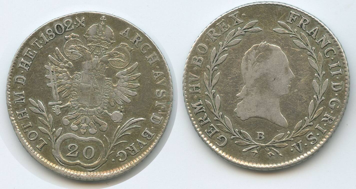 RDR Österreich Ungarn 20 Kreuzer Silber 1802 B Kremnitz M#3355 - Franz ...