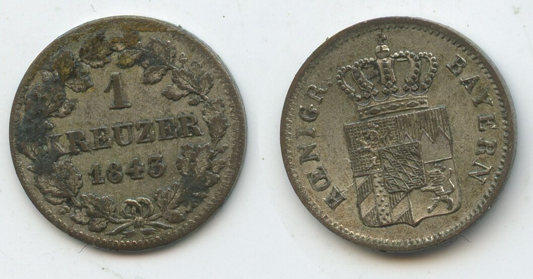 Bayern 1 Kreuzer 1843 H1385 - Ludwig I. 1825-1848 Bavaria Sehr Schön ...