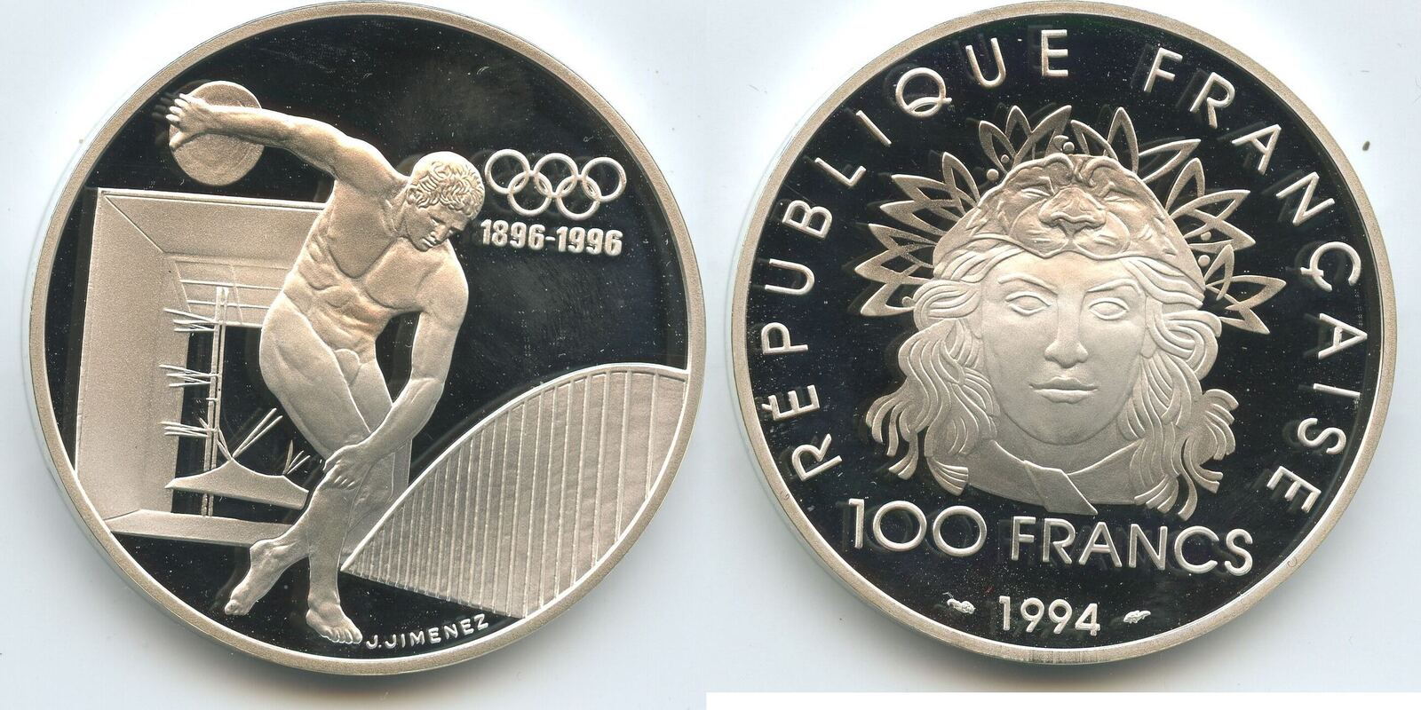 Frankreich France 100 Francs Silber 1994 Paris G0436 - Diskus Olympic-Games  1896-1996, 100 Jahre Olympische Spiele der Neuzeit Polierte Platte |  MA-Shops