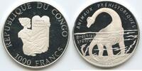 1000 Francs CFA Silber 1993 Kongo Congo H0980 - Brachiosaurus Prehistoric Animals Proof Polierte Platte