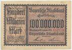 Deutsches Reich Weimar Bayern Hundert Millionen Mark Banknote Inflation GB347 - Bayerische Staatsbank München - Gutschein Notgeld Paper Money Germany -