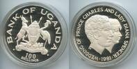 Uganda Republic 100 Shillings Silber 1981 G16214 - Royal Wedding Prince Charles and Lady Diana Proof Elizabeth II. Polierte Platte