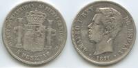 Spanien 5 Pesetas Silber 1871 DE-M GS149 - Amadeo I. 1871-1873 Spain España Sehr Schön +