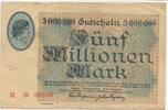 Deutsches Reich Weimar 5 Millionen Mark GB149 - Banknote Thyssen-Hütte Hamborn am Rhein Paper Money Germany -