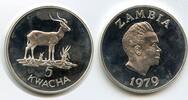 5 Kwacha Silber 1979 Sambia GS704 - Zambia Proof Antilope RAR World Wildlife Fund Kenneth Kaunda Polierte Platte, leicht angelaufen, Berührungssp...