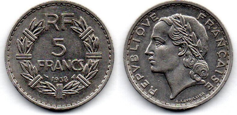 France Frankreich 5 Francs 1938 VF