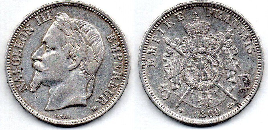 France Frankreich 5 Francs 1869 BB VF