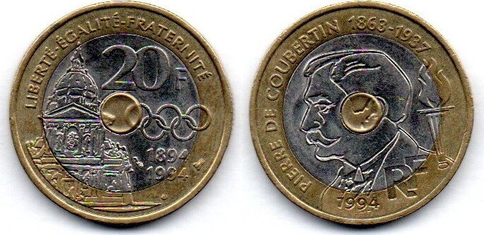France Frankreich 20 Francs 1994 Coubertin EF