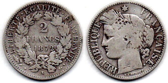 France Frankreich 2 Francs 1872 K F+