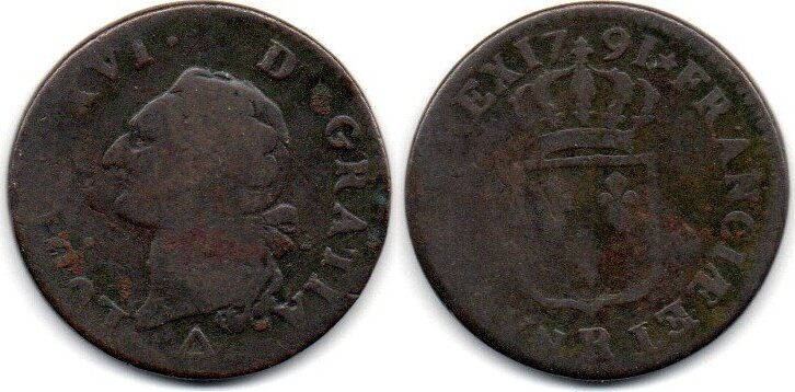France Frankreich 1 Sol 1791 R Louis XVI B