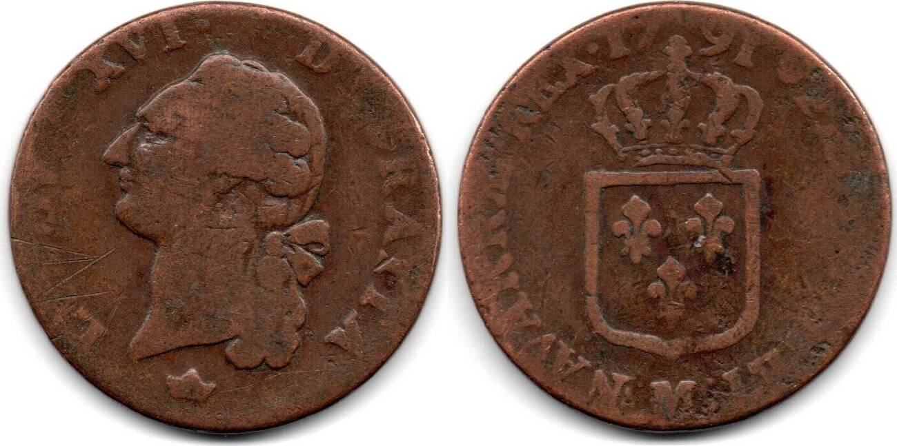 France Frankreich 1 Sol 1791 M Louis XVI F