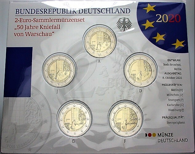 2 Euro 50 Jahre Kniefall Von Warschau 2020 F Deutschland 5 x 2 Euro 2020 A,D,F,G,J 50 JAHRE KNIEFALL VON WARSCHAU