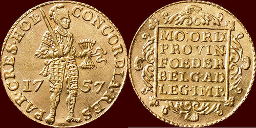 Gouden dukaat NOORDELIJKE NEDERLANDEN (NETHERLANDS) - REPUBLIEK, 1581-1795 - HOLLAND -  1757, Dordre