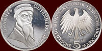 5 Mark GERMANY - BRD -  1968 G, Karlsruhe “Gutenberg” PP