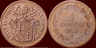  1853  ITALY - PAPAL STATES - PIUS IX, 1846-1878 - 1 Baioccho 1853/2 R, Rome Rarity in a wonderful unz- condition. Hard to find this nice.