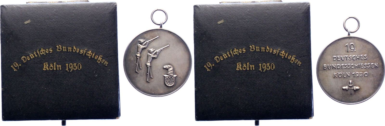 Schützenmedaillen Tragbare Silbermedaille 1930 Köln Etui mit Goldaufdruck.  Mattiert. Schöne Patina. Prägefrisch
