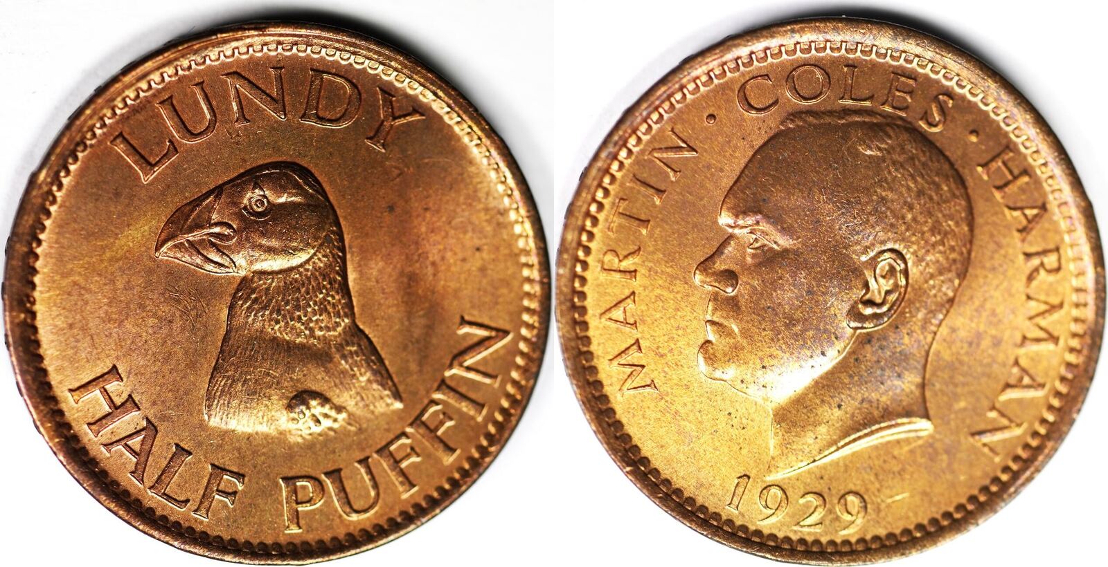 Lundy 1/2 Puffin 1929 Martin Coles Harman UNC- | MA-Shops