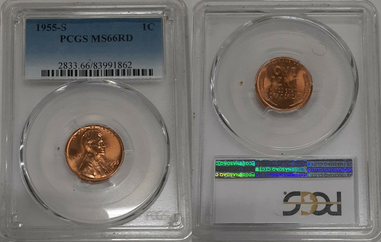 Cent 1955-S Lincoln Wheat 1c PCGS MS-66 RD PCGS MS-66 Red | MA-Shops