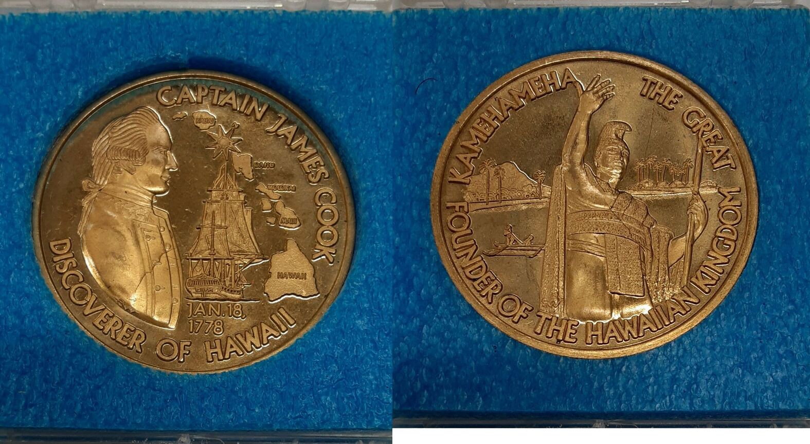 Bronze Hawaii Souvenir 37MM Medal Kamehameha/Captain Cook in Case unz