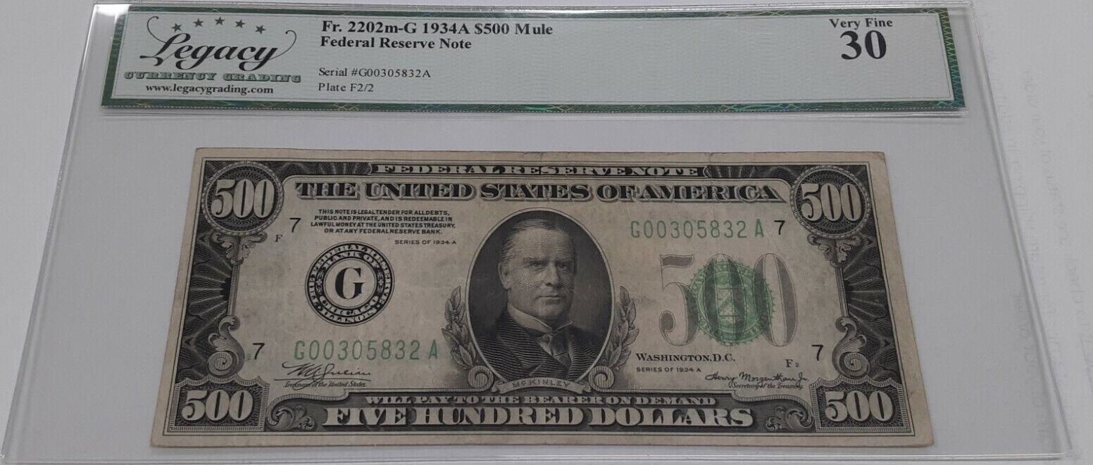 Banknoten Dollar 1934 A 500 Five Hundred Bill Mule FRN Fr. 2202m G Legacy VF 30 Legacy Currency Grading VF 30 MA Shops