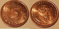 Weltmünzen 5 Cents Mauritius Bronze Coins of Ramgoolam - Roll of 30 BU Coins -