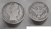 USA Half Dollar 1908-D Barber Roll of 20 Circulated 90% Silver Halves in Tubes -