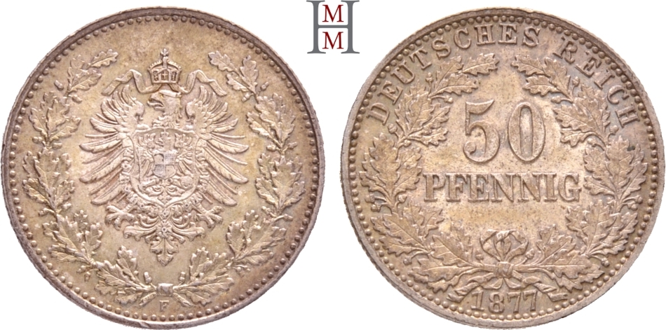 REICHSKLEINMÜNZEN 50 Pfennig 1877 F Herrliche Tönung, Stempelglanz | MA ...