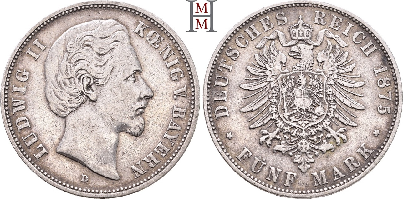 REICHSSILBERMÜNZEN 5 Mark 1875 D BAYERN Ludwig II., 1864-1886. Feine ...