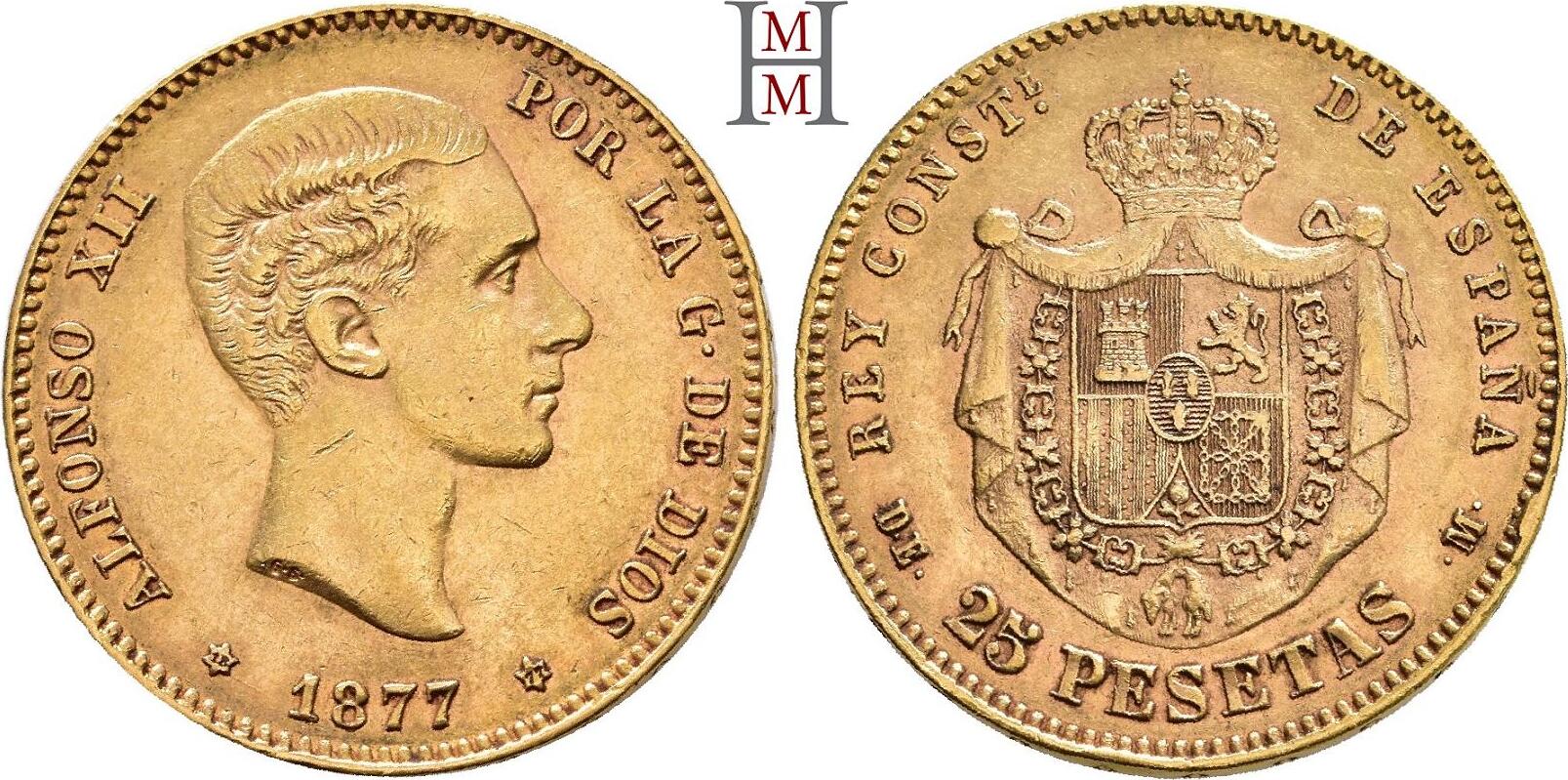 SPANIEN 25 Pesetas 1877 KÖNIGREICH Alfons XII., 1874 1885. Vorzüglich