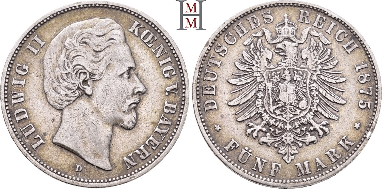 REICHSSILBERMÜNZEN 5 Mark 1875 D BAYERN Ludwig II., 1864-1886. Feine ...