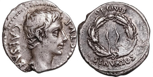 Augustus (27 BCE -14 CE) AR Denar Colonia Patricia, Eichenkranz. ss