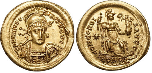Theodosius II. (408-450) AV Solidus Konstantinopel. Viktoria bekränzt Constantinopolis vz-, Prüfstic