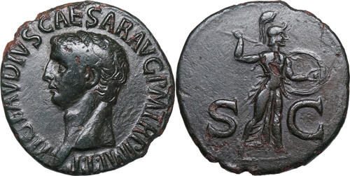 Claudius (41-54) Æ As Rom, Minerva mit Speer und Schild. Schöne Patina! ss+