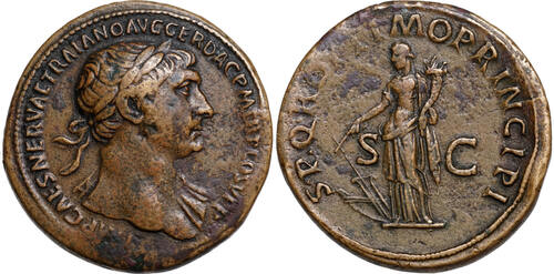 Trajan (98-117) Æ Sesterz Rom, Fortuna hält Ruder und Füllhorn. Attraktiver schwerer Sesterz! ss