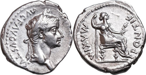 Tiberius,  TRIBUTE PENNY  (14-37) AR Denar Lugdunum, Livia mit Zweig vz-