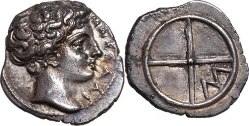 Massalia. Gallien (410-385 BCE) AR Obol Apollo / Vierspeichiges Rad. Prachtexemplar! vz