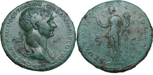 Trajan (98-117) AE Sesterz Rom, FELICITAS hält Caduceus und Füllhorn. TOP-Patina und Büste! ss