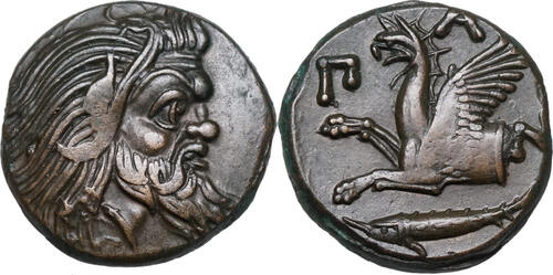 Cimmerian Bosporus (~300 BCE) Æ Thrakien, Pantikapaion. PAN, GREIFENPROTOME, Stör. TOP! vz