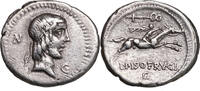 L. Calpurnius Piso Frugi (90 BCE) AR Denar Rom. APOLLO mit Lorbeerkranz, N G / Reiter mit Palmzweig, Caduceus, G -