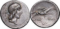L. Calpurnius Piso Frugi (90 BCE) AR Denar Rom. APOLLO mit Lorbeerkranz, Taube mit Kranz / Reiter mit Palmzweig, X -