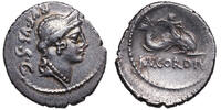 Mn. Cordius Rufus (46 BCE) AR Denar Rom. VENUS-Kopf / CUPIDO auf Delphin. -