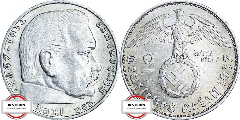 2 Mark Deutsches Reich 1937 Paul Von Hindenburg www.ma-shops.de