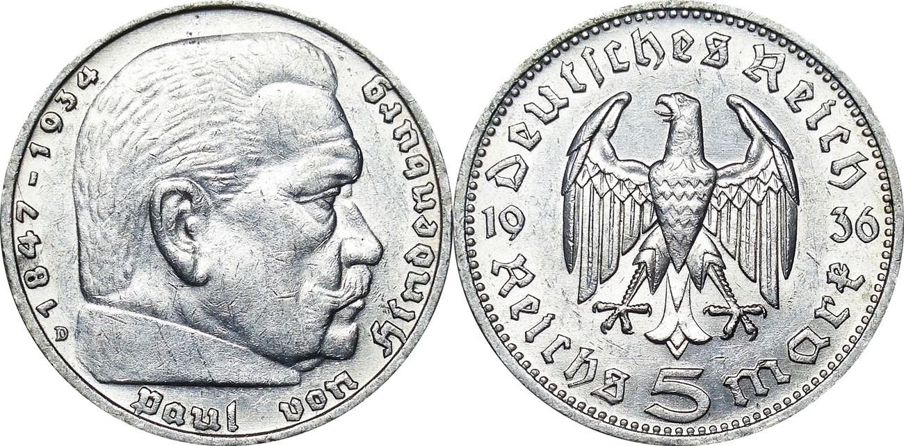 5 Mark Deutsches Reich 1936 Paul Von Hindenburg Wert